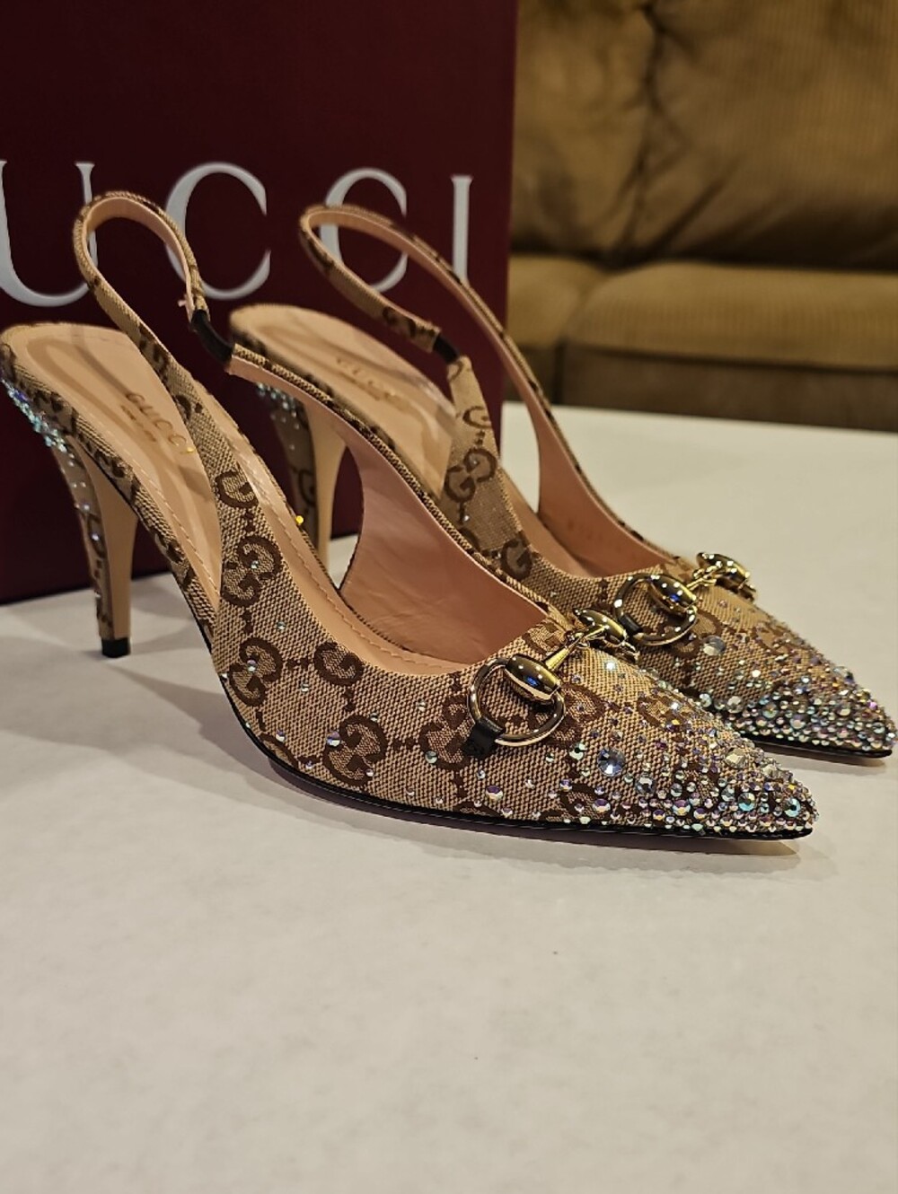 Gucci Beige GG Canvas Slingback Pointed Toe Crystal Heels - Picture 5 of 7
